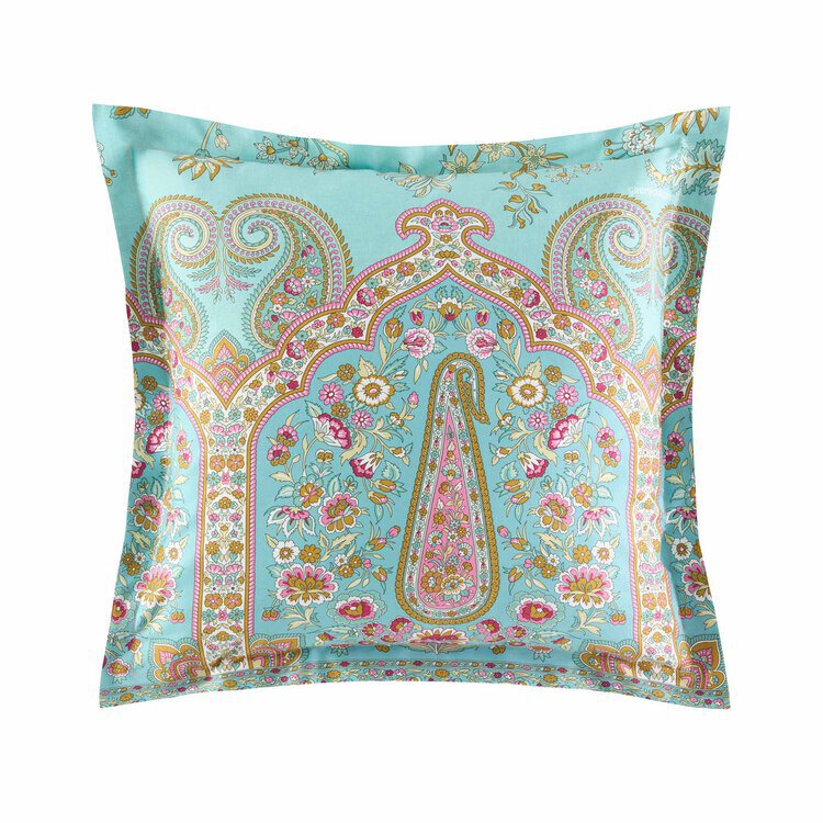 Fodera Per Cuscino Decorativa 40x40 Cm In Seta Banarasi, Fatta A Mano In India, Motivo Floreale Turchese, Con Cerniera - 2